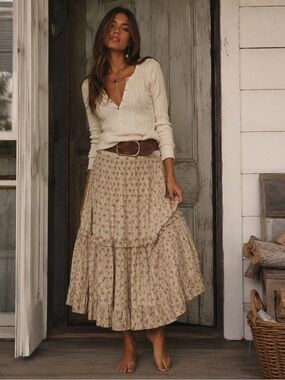 Ralph Lauren POLO Silky Floral Pleated Tiered Midi Skirt Cottagecore Coquette 14